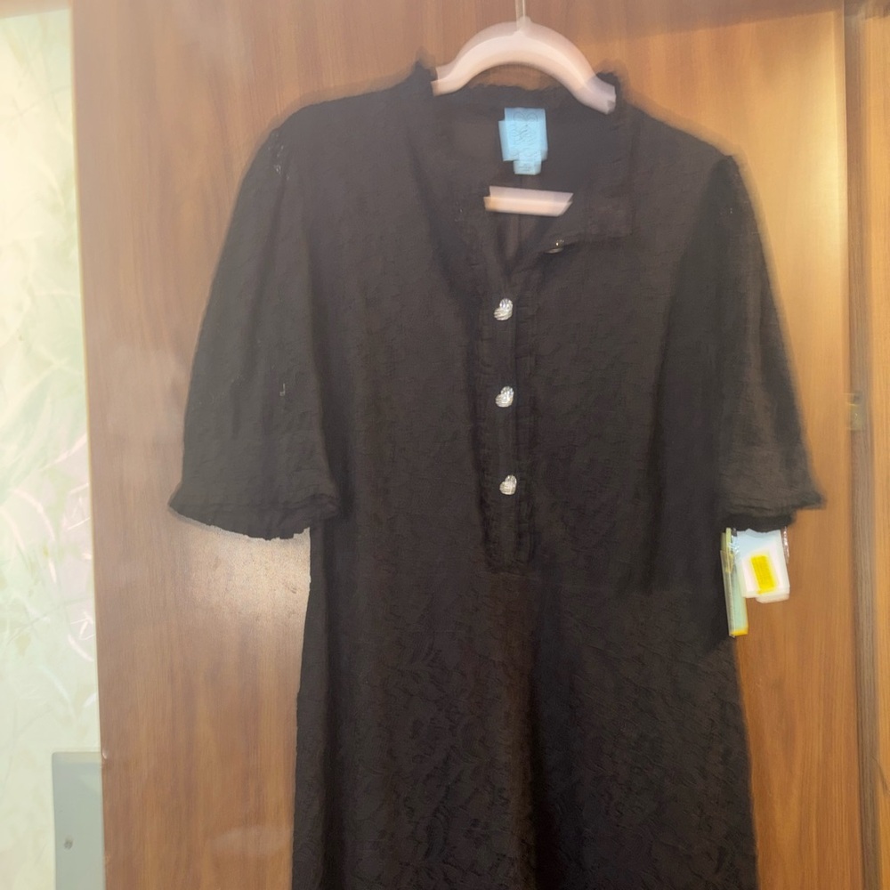 CeCe Black Lace Button-Front Dress with Short Sleeves
